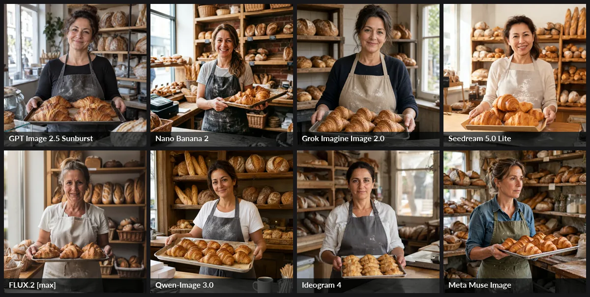 Eight AI image models render the same candid portrait of a bakery owner holding a tray of croissants. Hands are correct in all eight; only Meta Muse Image shows her looking away from the camera.