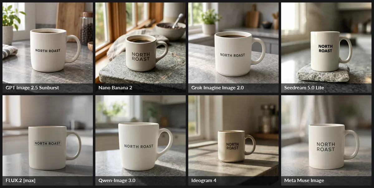 Eight AI image models render the same product-ad prompt: an off-white ceramic mug labelled NORTH ROAST on a stone counter. All eight spell the label correctly.