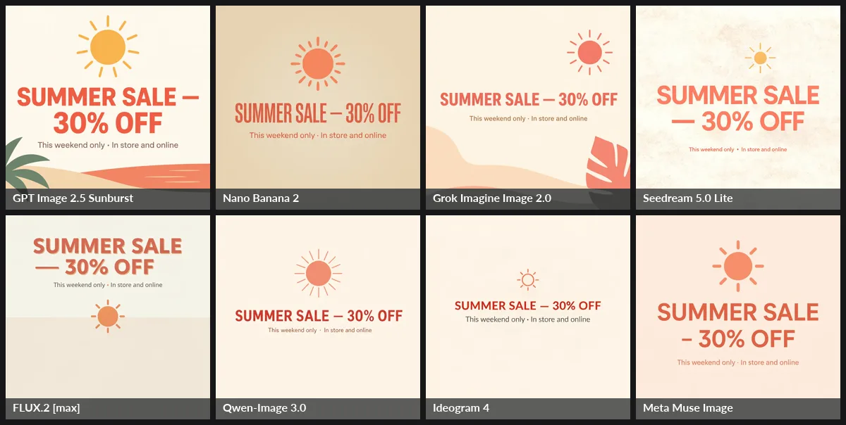 Eight AI image models render the same summer sale poster. All spell the headline and subline correctly; layouts range from finished (GPT Image 2.5, Grok 2.0) to mostly empty (FLUX.2 max, Ideogram 4).