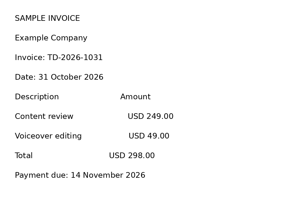 Synthetic invoice with identifier TD-2026-1031, two line items and a total of USD 298.00