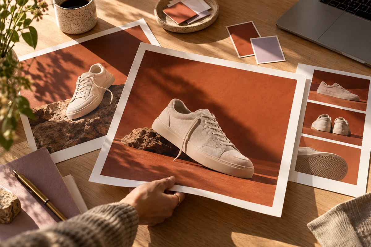 Warmly lit creative studio desk with footwear campaign prints and color swatches