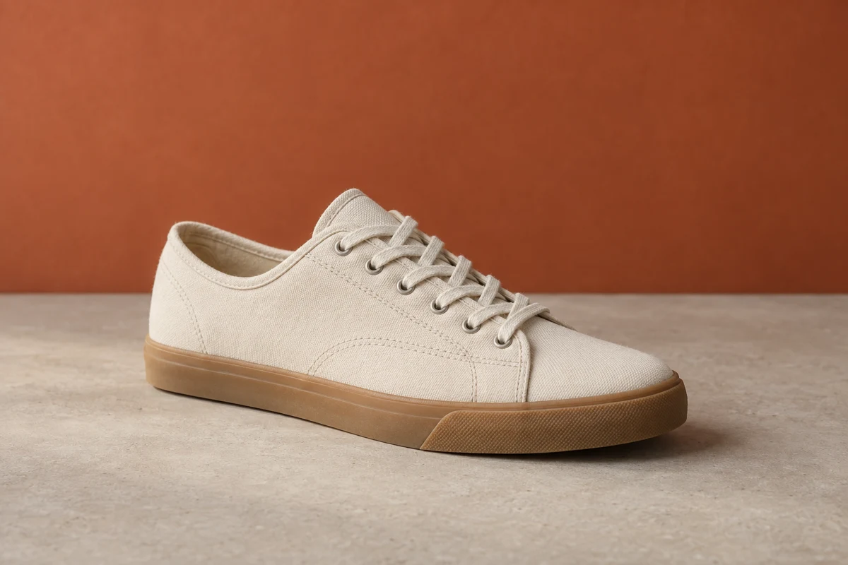 AI-generated studio photograph of a cream canvas sneaker against a muted terracotta backdrop