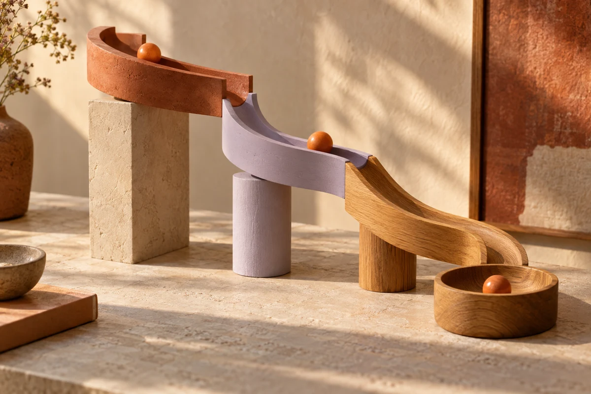Terracotta, lilac, and oak channels carrying wooden balls through a repeating sequence