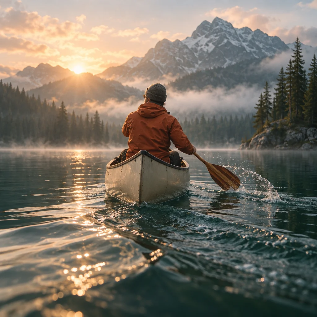 AI-generated concept frame of a canoe moving across an alpine lake at sunrise