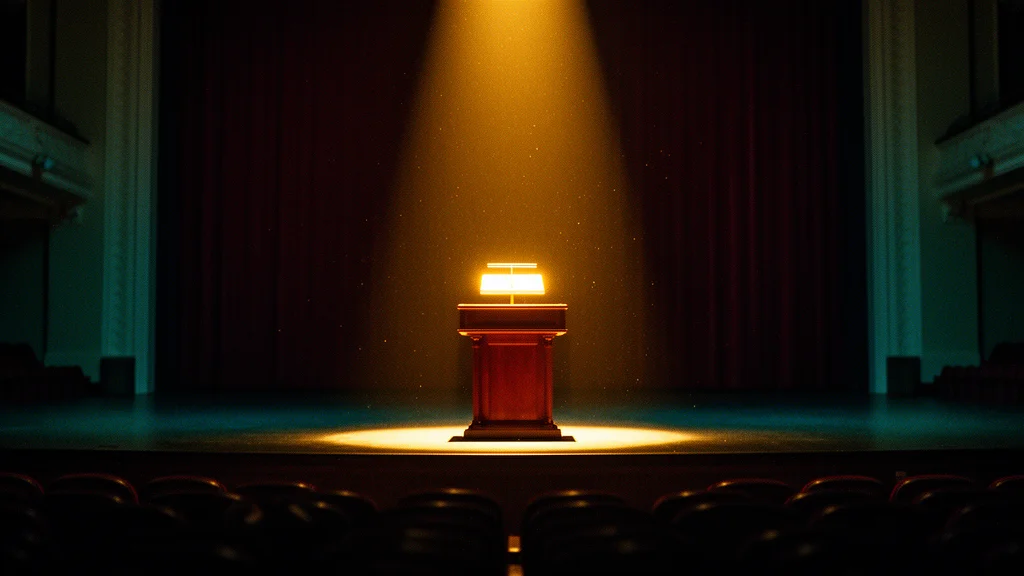 An atmospheric opening frame with an illuminated podium on a dark stage