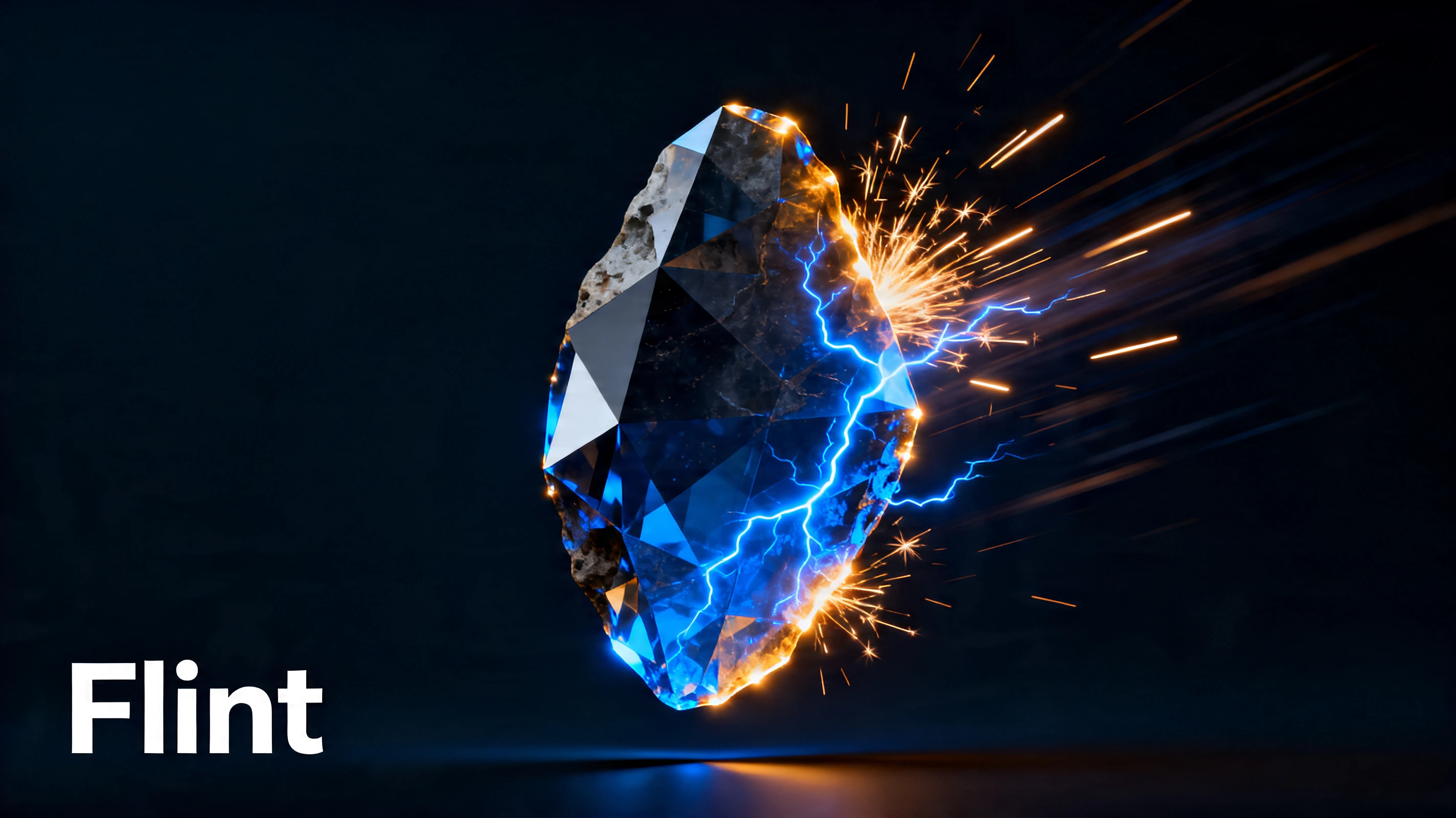 Flint hero illustration — glowing geometric crystal with electric blue and amber sparks on near-black background
