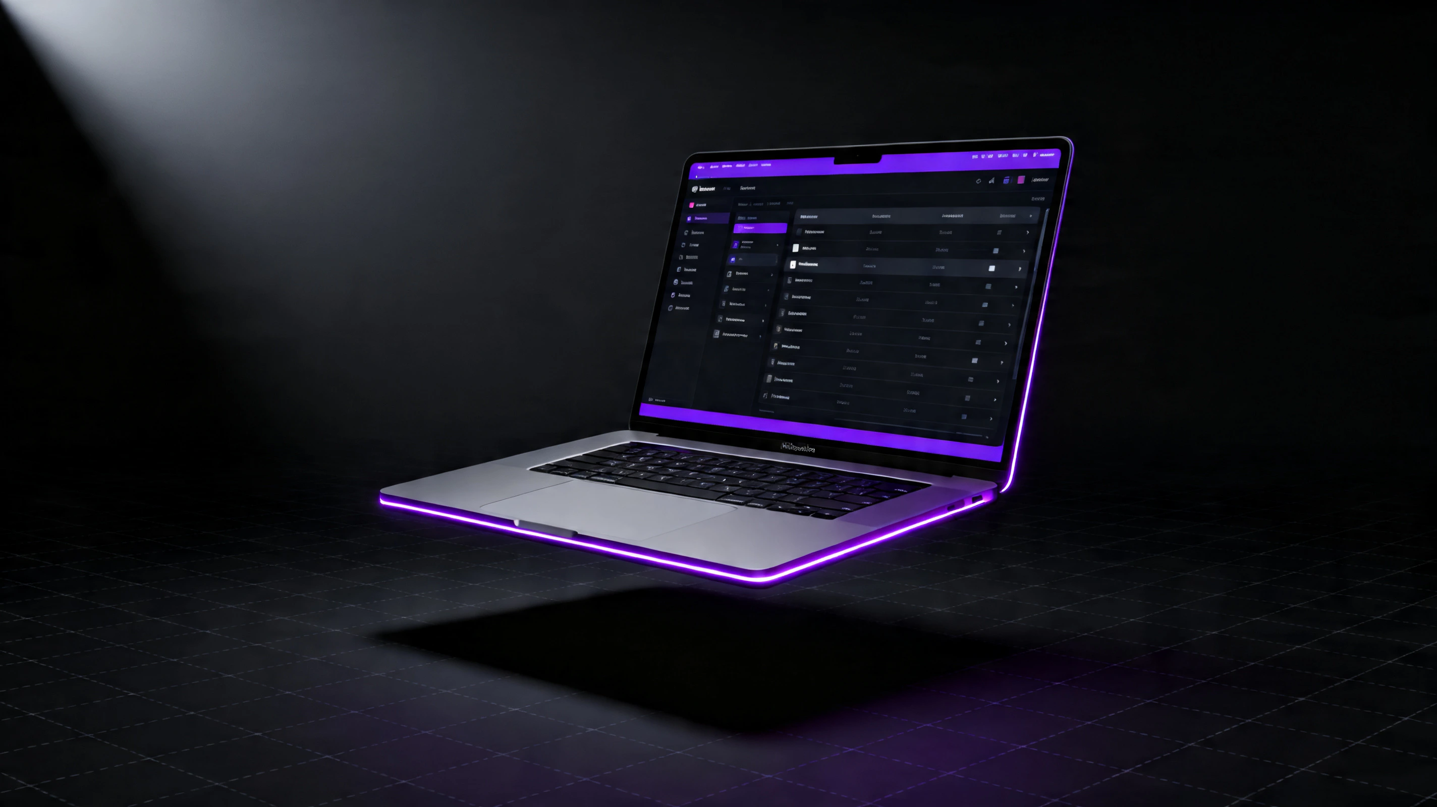 Flint app on MacBook Pro — dark mode dashboard, studio lighting, dramatic shadow