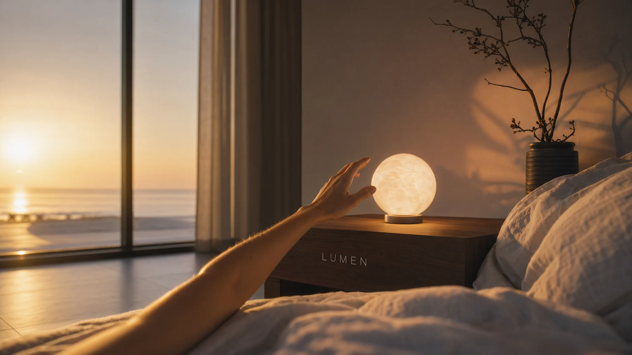 Lumen hero — cinematic bedroom at dawn, amber sunrise, sculptural orb lamp with LUMEN wordmark