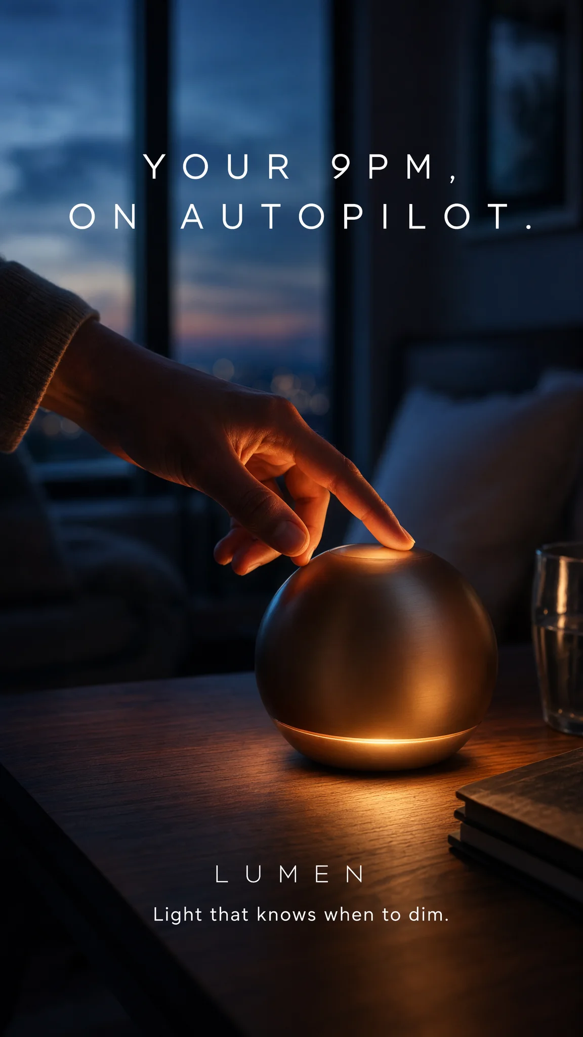 Lumen Instagram Story — hand reaching for bronze orb, Your 9pm on autopilot headline